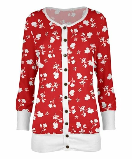 Lily | Red & White Floral Snap-Button Cardigan - Plus 1 Lily | Red & White Floral Snap-Button Cardigan - Plus