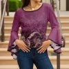 Lily | Purple & Cream Floral Bell-Sleeve Boatneck Tunic - Plus