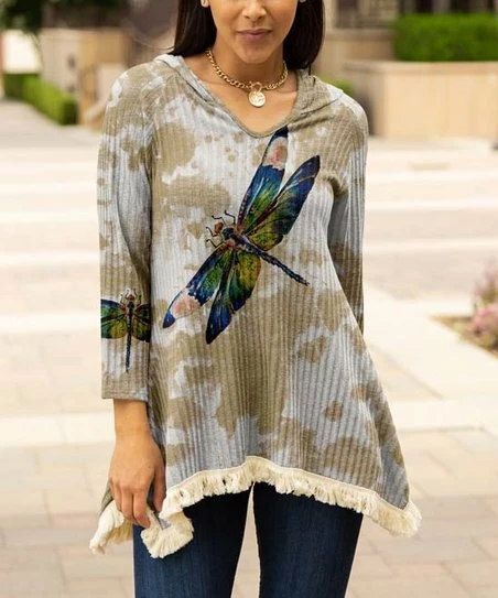 Lily | Brown & Blue Dragonfly Fringe-Hem Hooded Tunic - Plus 1 Lily | Brown & Blue Dragonfly Fringe-Hem Hooded Tunic - Plus