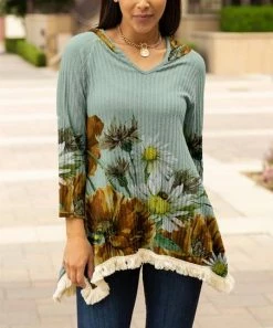 Lily | Teal & Brown Floral Fringe-Hem Hooded Tunic - Plus