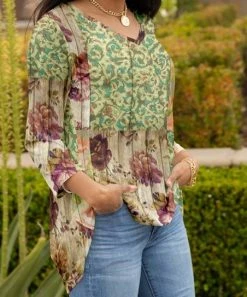 Lily | Green & Beige Floral Patchwork V-Neck Tunic - Women & Plus