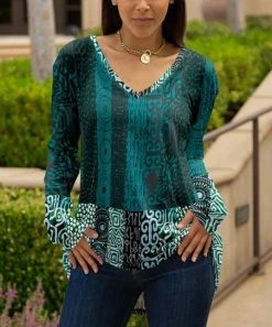 Lily | Teal & Black Geometric V-Neck Tunic - Plus