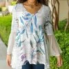 Lily | Gray & Blue Leaves Sheer Bell-Sleeve V-Neck Sidetail Tunic - Plus