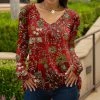 Lily | Red & Rust Floral Long-Sleeve V-Neck Tunic - Women