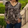 Lily | Beige & Black Lace-Print Long-Sleeve V-Neck Tunic - Women