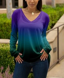 Lily | Purple & Green Ombré Long-Sleeve V-Neck Tunic - Women & Plus