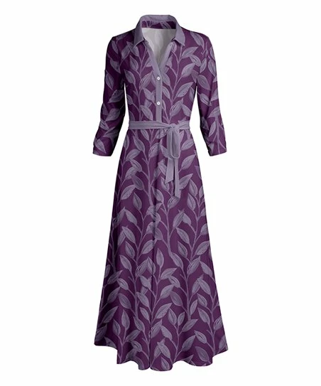 Lily | Purple Leaf Button-Front Maxi Dress - Plus 1 Lily | Purple Leaf Button-Front Maxi Dress - Plus