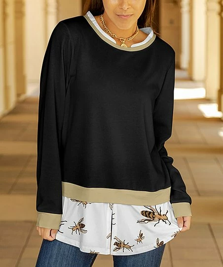 Lily | Black & Beige Bumblebee-Contrast Faux-Layered Long-Sleeve Tunic - Women 1 Lily | Black & Beige Bumblebee-Contrast Faux-Layered Long-Sleeve Tunic - Women
