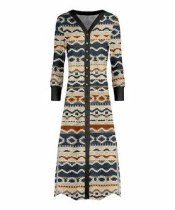 Lily | Beige & Blue Geometric V-Neck Snap-Button Duster - Women