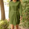 Lily | Olive Tie-Waist Bishop-Sleeve A-Line Dress - Women
