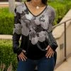 Lily | Mauve & Black Floral Long-Sleeve V-Neck Tunic - Plus