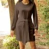 Lily | Brown Long-Sleeve Tie-Waist A-Line Dress - Women