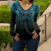 Lily | Black & Aqua Scarf-Print Long-Sleeve V-Neck Tunic - Women