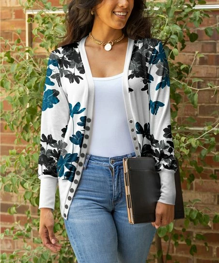 Lily | White & Teal Floral Snap-Button Cardigan - Women & Plus 1 Lily | White & Teal Floral Snap-Button Cardigan - Women & Plus