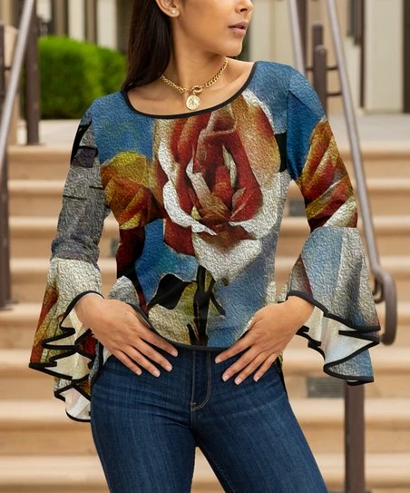 Lily | Blue & Red Floral Trumpet-Sleeve Boatneck Tunic - Plus 1 Lily | Blue & Red Floral Trumpet-Sleeve Boatneck Tunic - Plus
