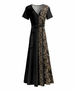 Lily | Black & Beige Side-Hit Floral Belted Surplice Maxi Dress - Women