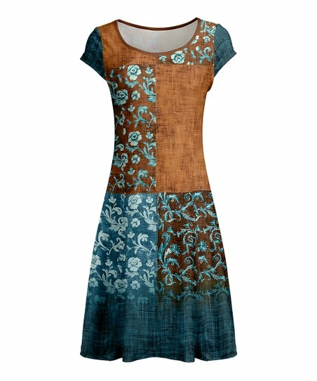 Lily | Rust & Teal Floral Patchwork Cap-Sleeve Dress - Women 1 Lily | Rust & Teal Floral Patchwork Cap-Sleeve Dress - Women