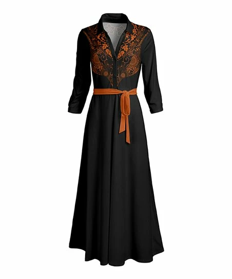 Lily | Black & Orange Floral Lace-Print Belted Button-Front Maxi Dress - Plus 1 Lily | Black & Orange Floral Lace-Print Belted Button-Front Maxi Dress - Plus
