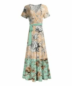 Lily | Cream & Mint Floral Belted Surplice Maxi Dress - Women