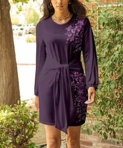 Lily | Plum & Purple Floral Tie-Waist Bishop-Sleeve Shift Dress - Women