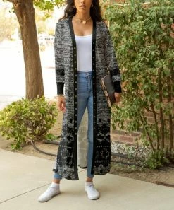 Lily | Heather Gray & Black Geometric Open-Front Maxi Cardigan - Women