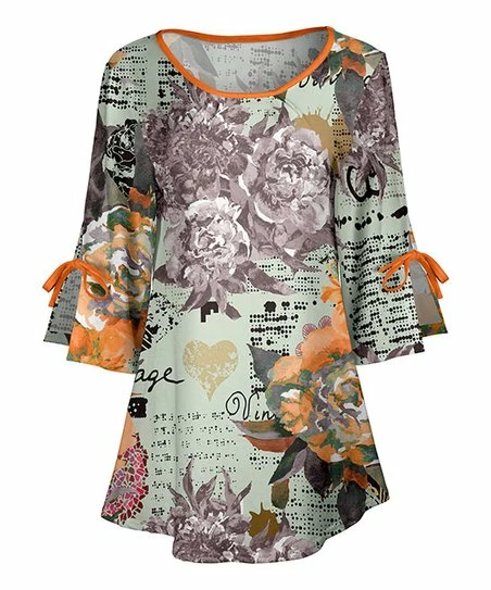 Lily | Mint & Orange Floral Bow-Sleeve Scoop Neck Tunic - Plus 1 Lily | Mint & Orange Floral Bow-Sleeve Scoop Neck Tunic - Plus