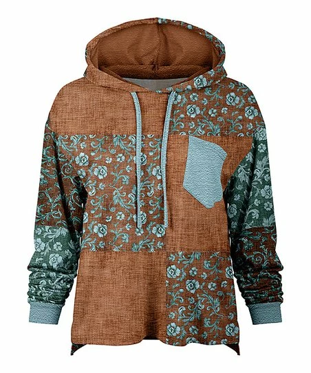 Lily | Brown & Teal Floral Pocket Hoodie - Women 1 Lily | Brown & Teal Floral Pocket Hoodie - Women
