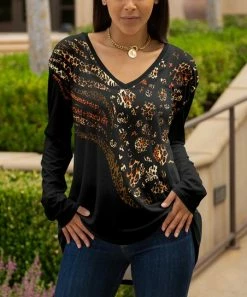 Lily | Black & Rust Abstract Leopard Long-Sleeve V-Neck Tunic - Women