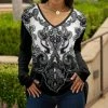 Lily | Black & White Arabesque Long-Sleeve V-Neck Tunic - Plus