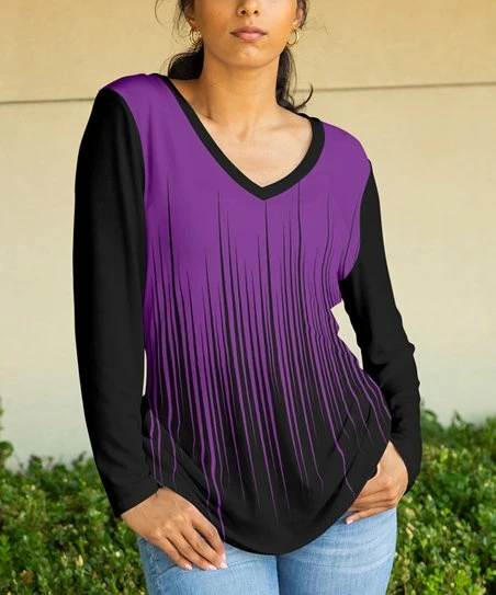 Lily | Black & Purple Striated Ombré Long-Sleeve V-Neck Tunic - Women 1 Lily | Black & Purple Striated Ombré Long-Sleeve V-Neck Tunic - Women