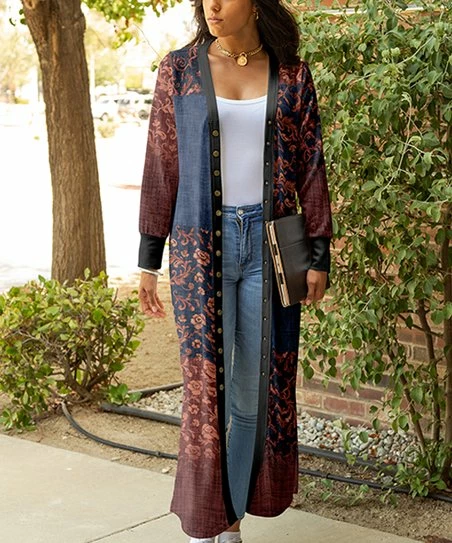 Lily | Brown & Navy Floral Color Block Button-Up Duster - Women 1 Lily | Brown & Navy Floral Color Block Button-Up Duster - Women