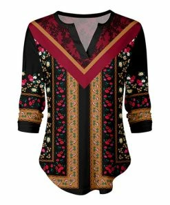 Lily | Black & Red Abstract Floral Notch Neck Top - Women