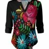 Lily | Black & Pink Floral Notch Neck Top - Women