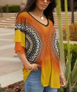 Lily | Orange & Gold Abstract Layered Ruffle-Sleeve V-Neck Tunic - Plus