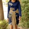 Lily | Navy & Beige Floral Tie-Waist Crewneck Long-Sleeve Dress - Women