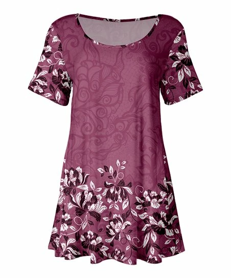 Lily | Mauve & White Arabesque Floral Scoop Neck Tunic - Women 1 Lily | Mauve & White Arabesque Floral Scoop Neck Tunic - Women