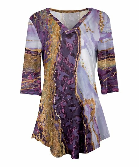 Lily | Purple & Gold Marbled V-Neck Tunic - Women 1 Lily | Purple & Gold Marbled V-Neck Tunic - Women