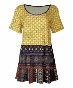 Lily | Navy & Yellow Geometric Patchwork Scoop Neck Tunic - Women