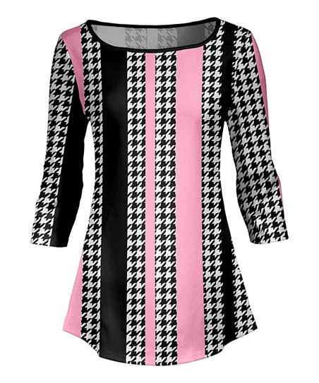 Lily | Black & Pink Houndstooth Stripe Three-Quarter Sleeve Tunic - Plus 1 Lily | Black & Pink Houndstooth Stripe Three-Quarter Sleeve Tunic - Plus