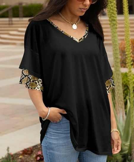 Lily | Black & Beige Snake-Contrast Layered Ruffle-Sleeve V-Neck Tunic - Plus 1 Lily | Black & Beige Snake-Contrast Layered Ruffle-Sleeve V-Neck Tunic - Plus