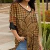 Lily | Brown & Black Floral Windowpane Layered Ruffle-Sleeve V-Neck Tunic - Women