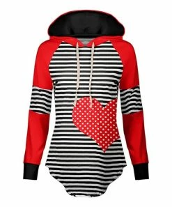 Lily | Black & Red Stripe Heart Drawstring Curved-Hem Hoodie - Women