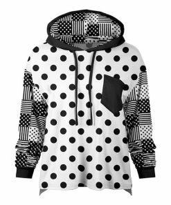 Lily | White & Black Polka Dot Patchwork Chest-Pocket Hoodie - Women