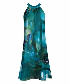 Lily | Aqua & Teal Abstract Peacock Feather Yoke Dress - Women