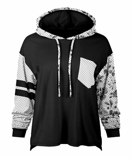 Lily | Black & White Floral Polka Dot Chest-Pocket Hoodie - Women 1 Lily | Black & White Floral Polka Dot Chest-Pocket Hoodie - Women