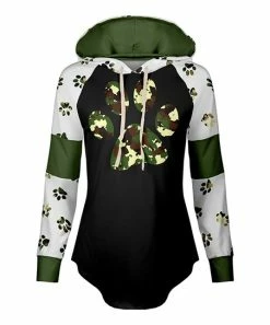 Lily | Black & Olive Camo Paw Print Drawstring Curved-Hem Hoodie - Women