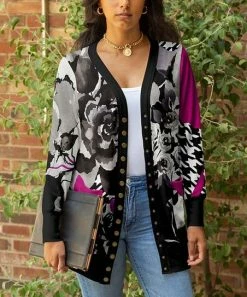 Lily | Black & Pink Floral Snap-Button Cardigan - Women & Plus