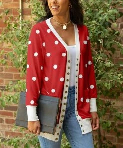 Lily | Red & White Polka Dot Snap-Button Cardigan - Women & Plus