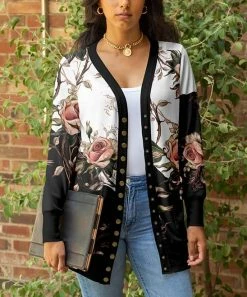 Lily | Black & Taupe Floral Snap-Button Cardigan - Women & Plus