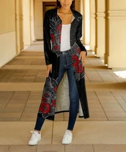 Lily | Black & Red Floral Velvet Duster - Plus